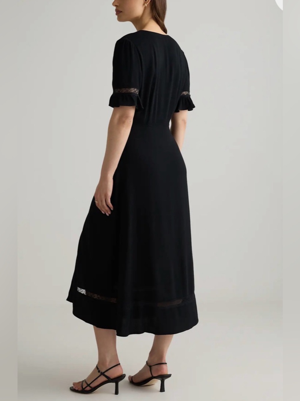 NWT Quince Lightweight Crepe Lace Inset Midi Dress Black Large NEW - Picture 8 of 13
